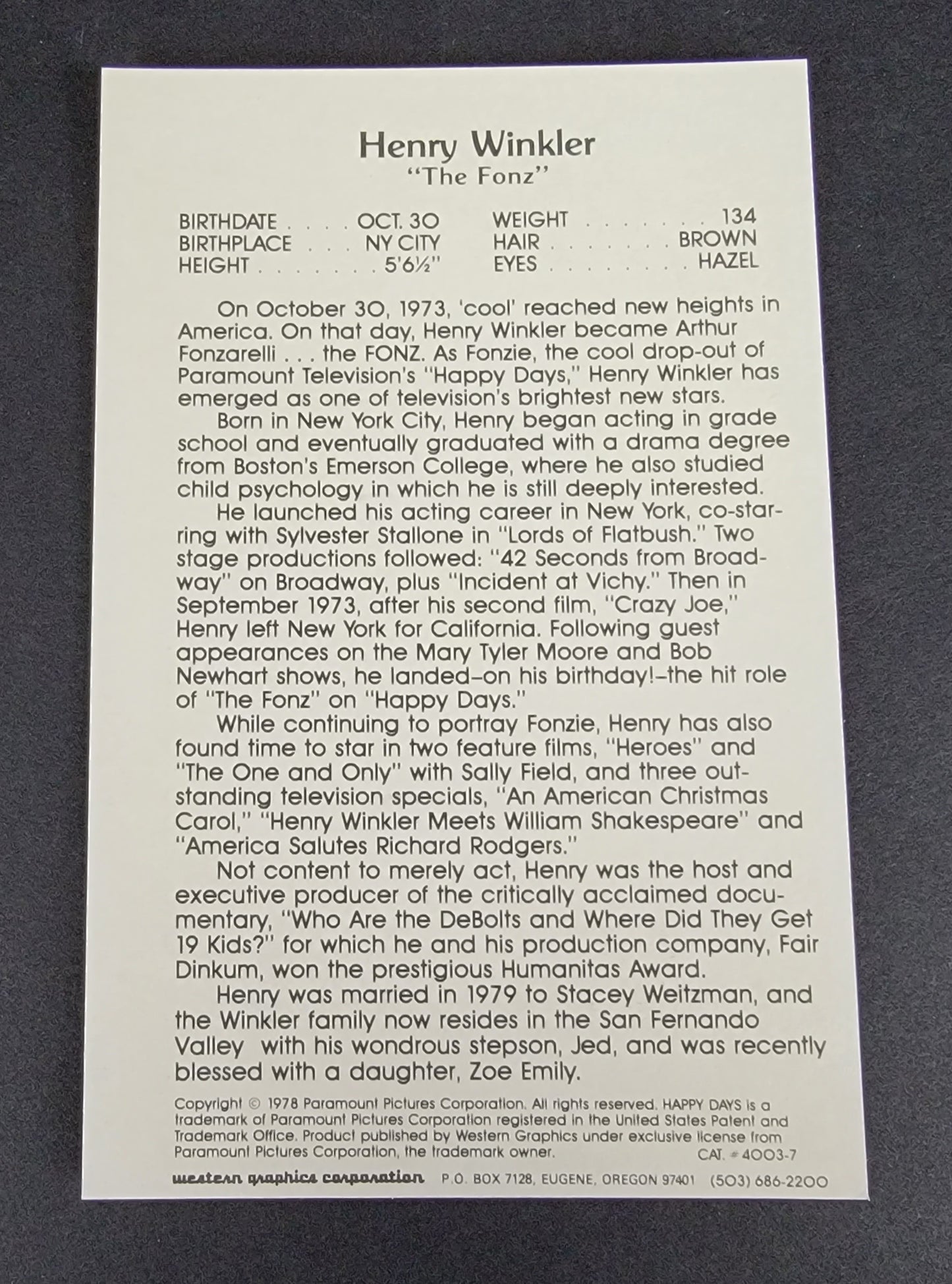TV STAR PACKS Celebrity Mini-Print, FONZIE - 1982